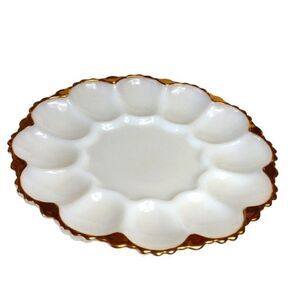 Vintage MCM Fire King Anchor Hocking White Milk Glass Egg Plate Gold Trim